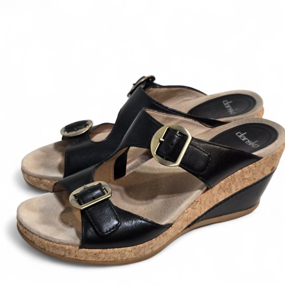 Dansko Carla Leather 3" Wedge Sandals Black Womens 9 / 39 Straps Buckles Slip on